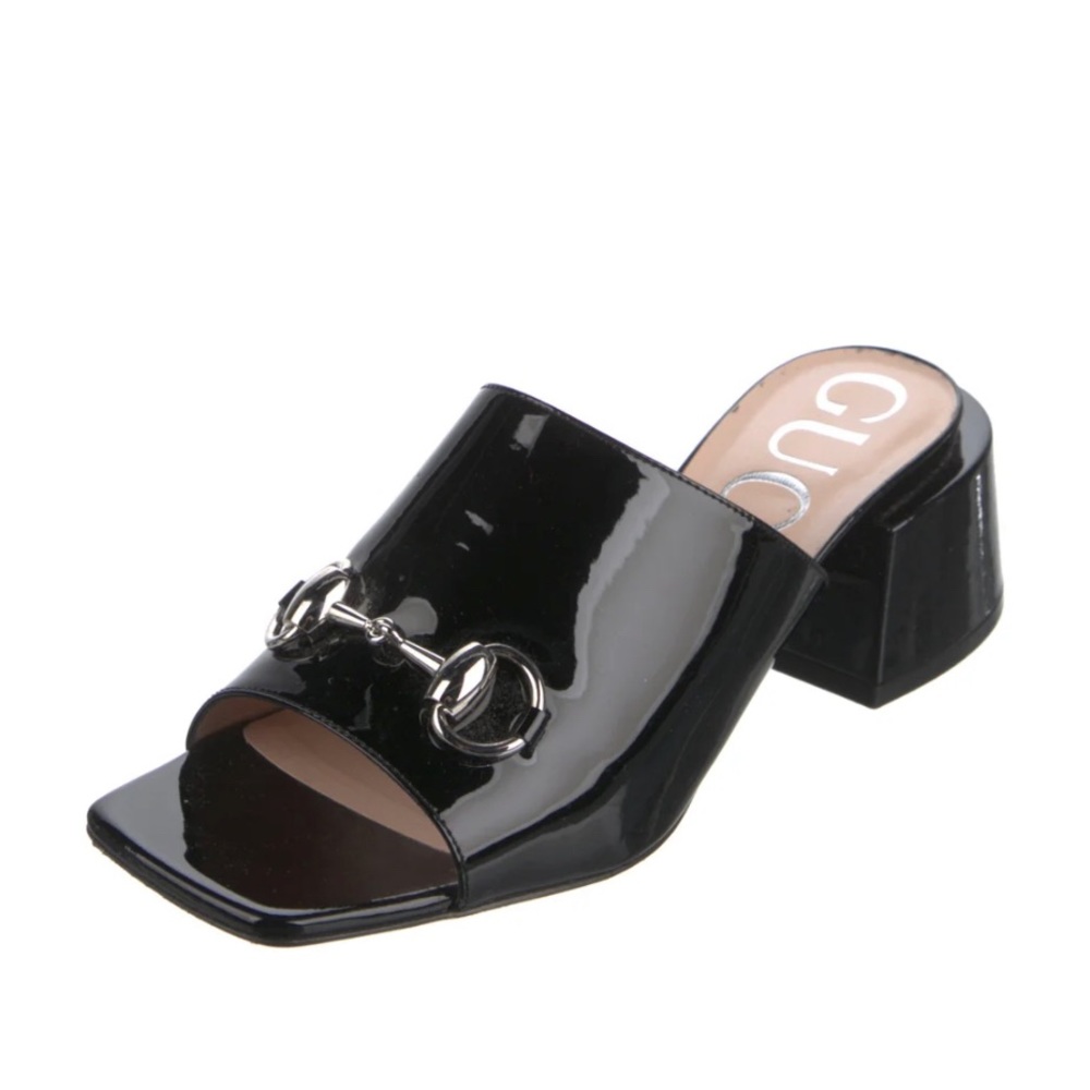 GUCCI Horsebit Accent Patent Leather Mules Slides 543188